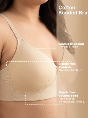 Beige cotton bonded bra with text highlighting features on a plain background