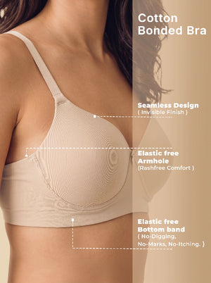 Beige cotton bonded bra with text highlighting features on a beige background