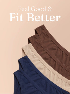 Three pairs of underwear in blue, brown, and beige on a beige background with 'Feel Good & Fit Better' text.