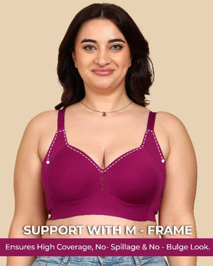 Woman wearing a purple bra with text on a beige background