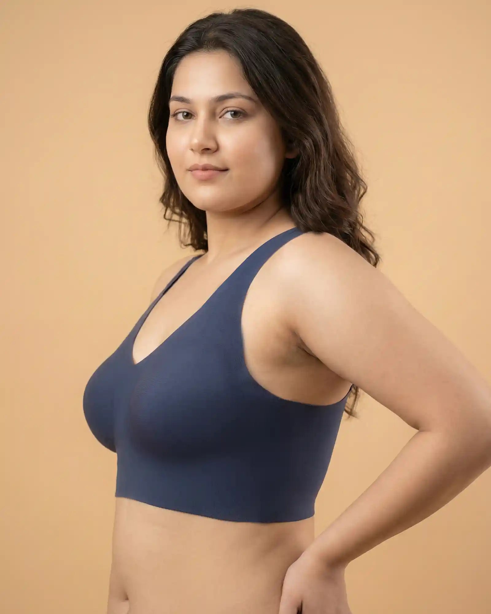 Cotton Non-Padded Plus-Size Bonded Bra with Hidden Concealer (SB-915-Navy)