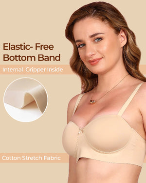 Woman wearing a beige bra with text highlighting features on a beige background