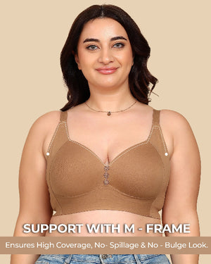 Woman wearing a brown bra with text on a beige background