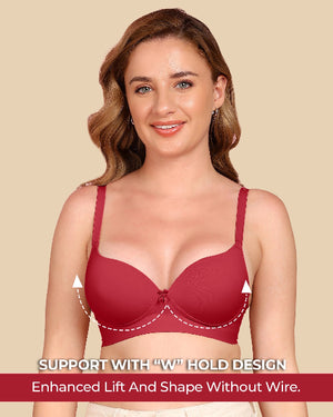 Woman wearing a red bra with text highlighting support features on a beige background