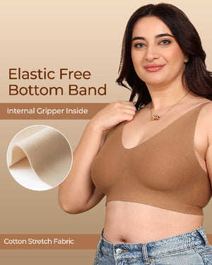 Woman wearing a brown bra with text about an elastic free bottom band on a beige background