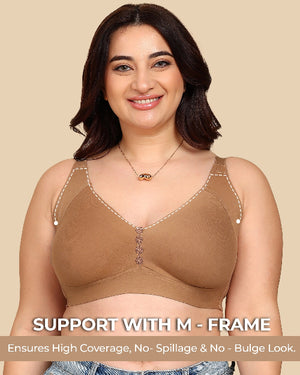 Woman wearing a brown bra with text on a beige background