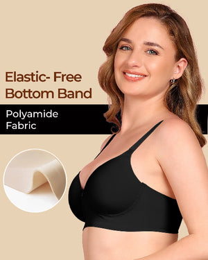 Woman wearing a black bra with text about elastic-free bottom band and polyamide fabric on a beige background.