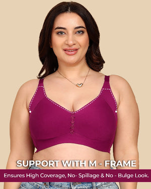 Woman wearing a purple bra with text on a beige background