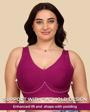 Woman wearing a purple bra with text highlighting 'W' hold design on a beige background