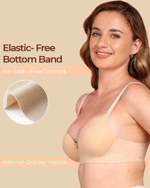 Woman wearing a beige bra with text about elastic-free bottom band and internal gripper.