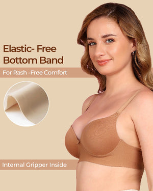Woman wearing a brown bra with text about elastic-free bottom band and internal gripper.