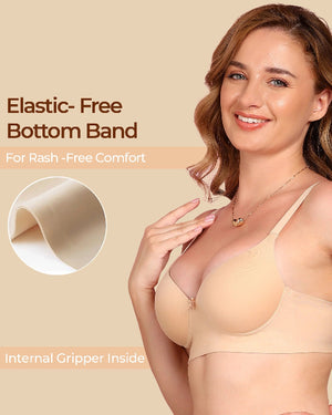 Woman wearing a beige bra with text about an elastic-free bottom band on a beige background