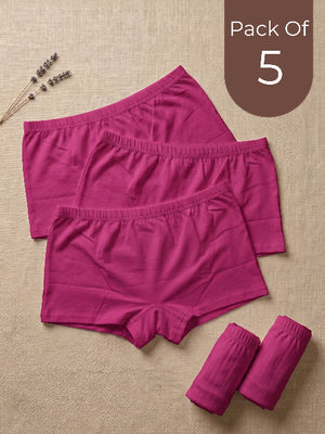 Pack of 5 pink boxer briefs on a beige background with lavender sprigs.