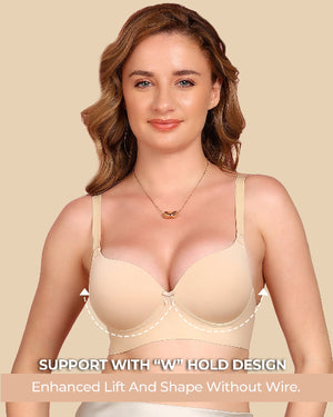 Woman wearing a beige bra with text highlighting support features on a beige background