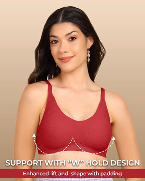 Woman wearing a red bra with text highlighting support design on a beige background