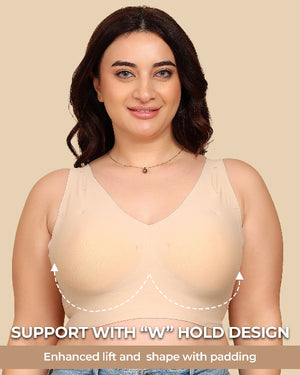 Woman wearing a beige tank top with text highlighting 'W' hold design on a beige background