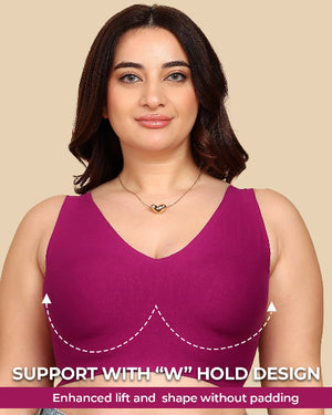 Woman wearing a purple tank top with text about 'W' hold design on a beige background