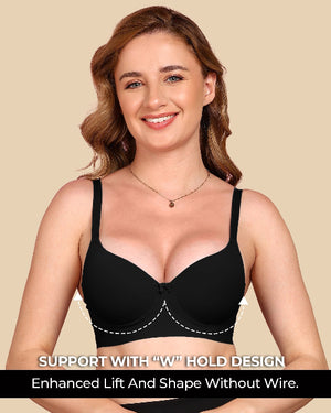 Woman wearing a black bra with text highlighting support features on a beige background