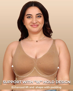 Woman wearing a brown bra with text highlighting support design on a beige background