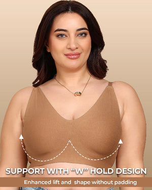 Woman wearing a brown bra with text highlighting 'W' hold design on a beige background