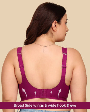 Woman wearing a purple bra with text highlighting features on a beige background
