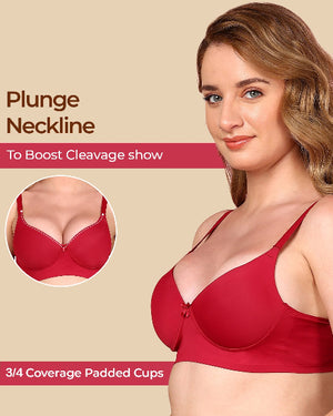 Woman wearing a red bra with text highlighting features on a beige background