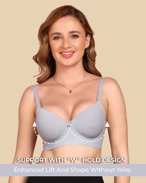Woman wearing a gray bra with text highlighting support features on a beige background