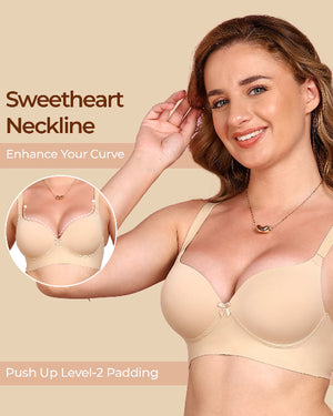 Woman wearing a beige bra with 'Sweetheart Neckline' text and inset showing neckline detail.