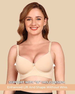 Woman wearing a beige bra with text highlighting support features on a beige background