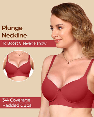 Woman wearing a red bra with plunge neckline and 3/4 coverage, on a beige background.