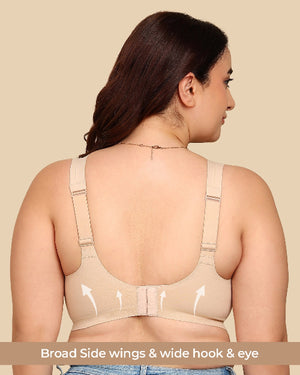 Woman wearing a beige bra with text highlighting features on a beige background