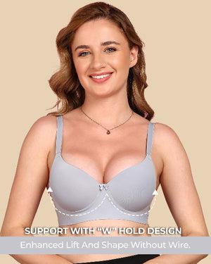 Woman wearing a light gray bra with text highlighting support features on a beige background