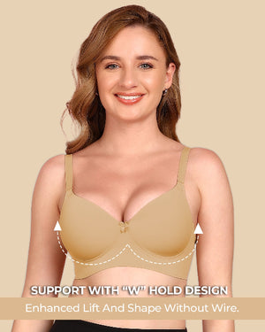 Woman wearing a beige bra with text highlighting support features on a beige background