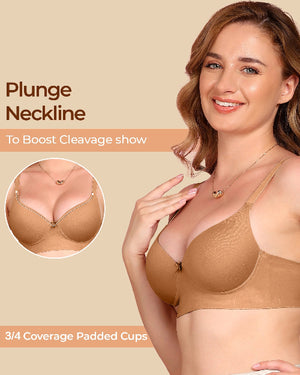 Woman wearing a beige bra with a plunge neckline on a beige background