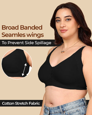Woman wearing a black bra with text highlighting features on a beige background