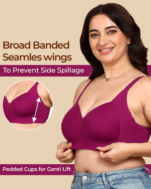 Woman wearing a purple bra with text highlighting features on a beige background