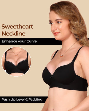 Woman wearing a black sweetheart neckline bra with text highlighting features on a beige background