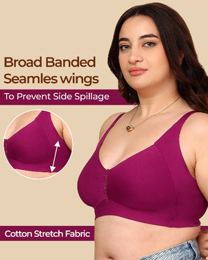Woman wearing a purple bra with text about seamles wings and cotton stretch fabric on a beige background