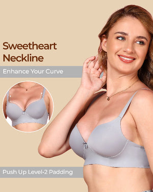 Woman wearing a gray bra with 'Sweetheart Neckline' text and inset showing bra details.