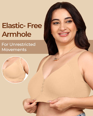 Woman wearing a beige bra with 'Elastic-Free Armhole' text and inset showing armhole design.