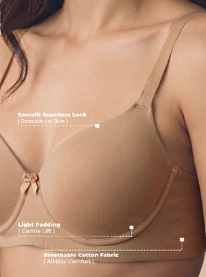 Beige bra with text highlighting features on a blurred background