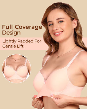 Woman wearing a light pink bra with text highlighting 'Full Coverage Design' and 'Lightly Padded For Gentle Lift'.