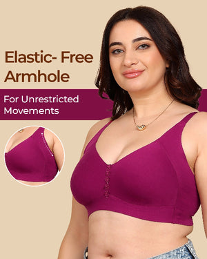 Woman wearing a purple bra with text about elastic-free armholes on a beige background