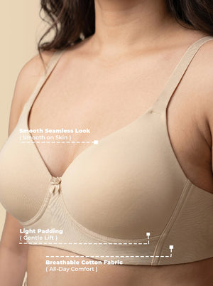 Beige bra with text highlighting features on a beige background