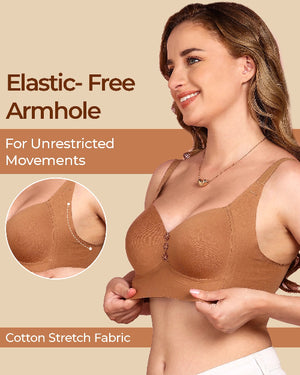 Woman wearing a brown bra with text about elastic-free armholes and cotton stretch fabric on a beige background.