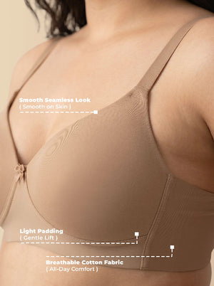 Beige bra with text highlighting features on a beige background