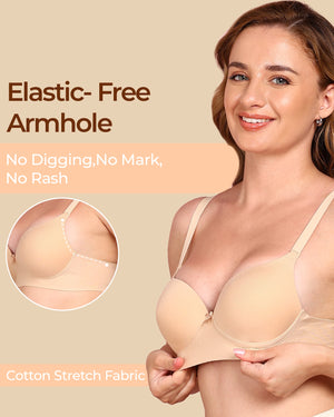 Woman wearing a beige bra with text highlighting 'Elastic-Free Armhole' on a beige background.