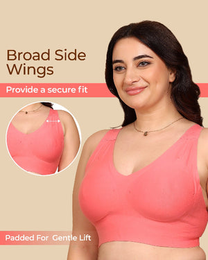 Woman wearing a pink bra with text highlighting features on a beige background