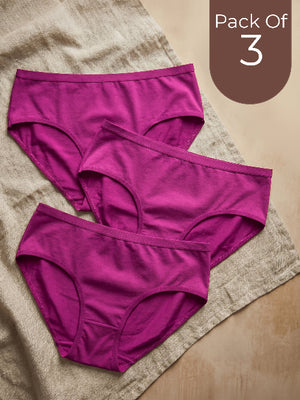 Two pairs of purple underwear on a textured surface with 'Pack Of 3' text.