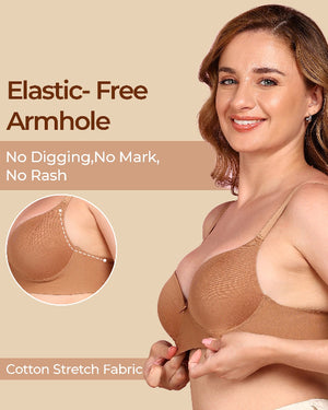 Woman wearing a brown bra with text highlighting 'Elastic-Free Armhole' on a beige background.
